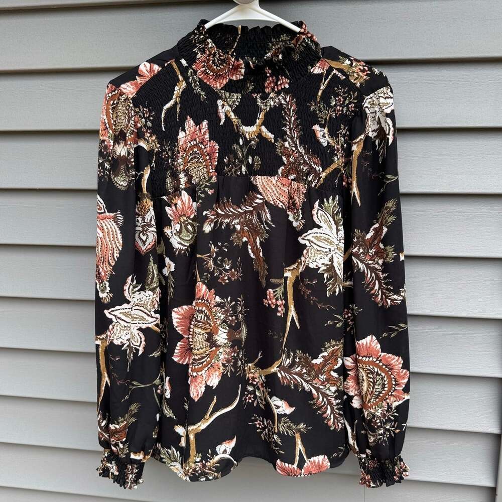 Anthropologie Maison d'Amelie size S Long Sleeve Floral Smocked Mock Neck Top